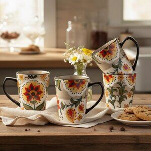 Colorful Floral Ceramic Mug with Black Handle